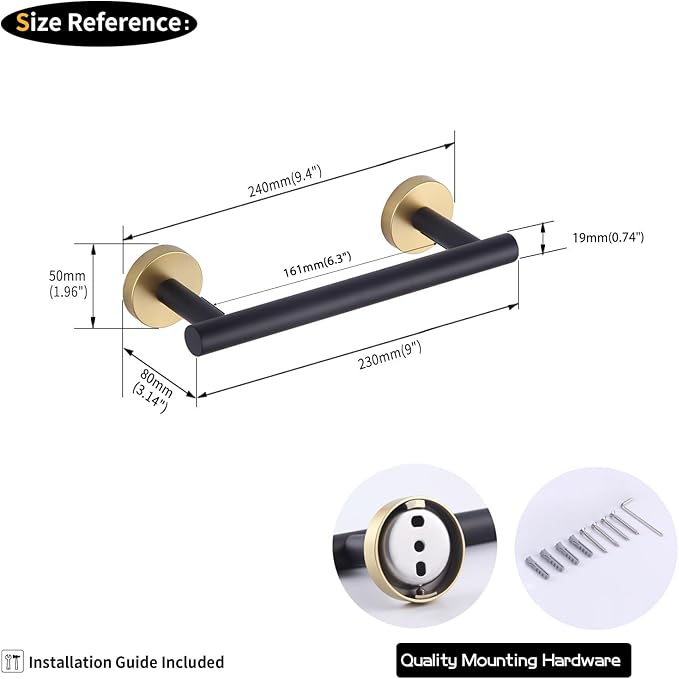 GERZWY 9-Inch Bath Towel Bar Modern Round Style Bathroom Towel Bar SUS 304 Stainless Steel Wall Mount (Black & Gold) AG1101C23-BD