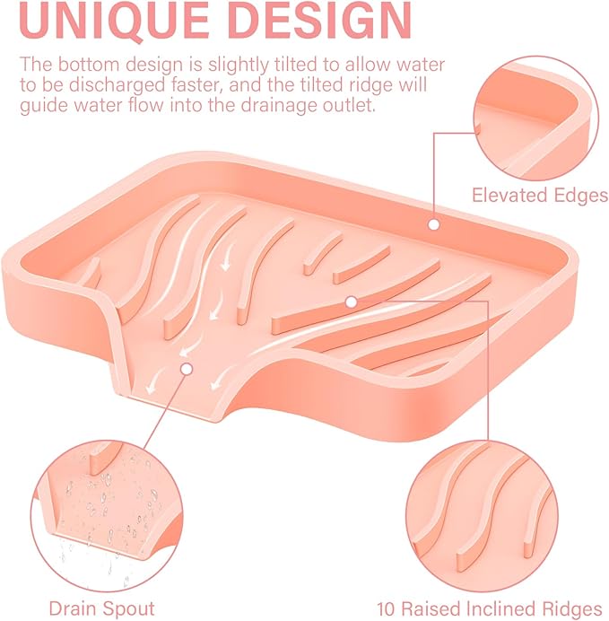 2PCS Self Draining Soap Holder,Spofit Silicone Soap Dish, Suitable for for Kitchen, Bathroom, Shower, Bath Tub,Soap Container (Pink)-NeatNest