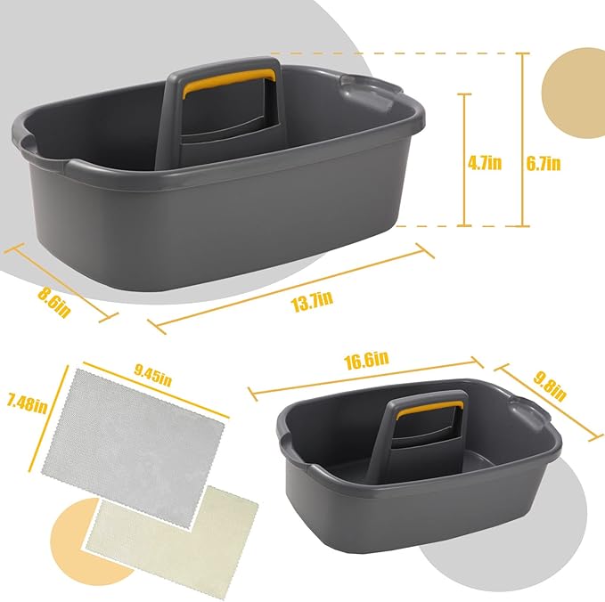 Cleaning Supplies Caddy Organizer with Handle Plastic Tool Storage Basket for bathroom, Kitchen, Under Sink,2 Pack with 2Pack Microfiber Cleaning Cloths,Gray