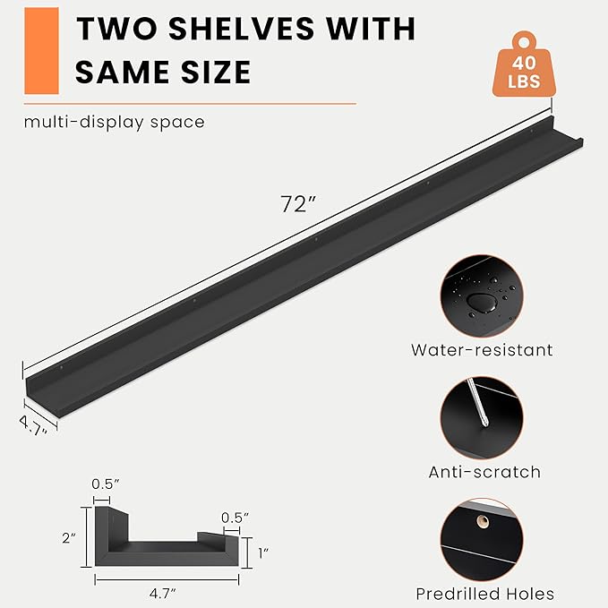 Heimlove Picture Ledge Shelf, Floating Shelves Set of 2, 72 Inches Long Large Picture Shelf for Wall with Ledge, Kids Bookshelf Wall Mounted for Living Room Bedroom Decor Books Photo Frames, Black-NeatNest