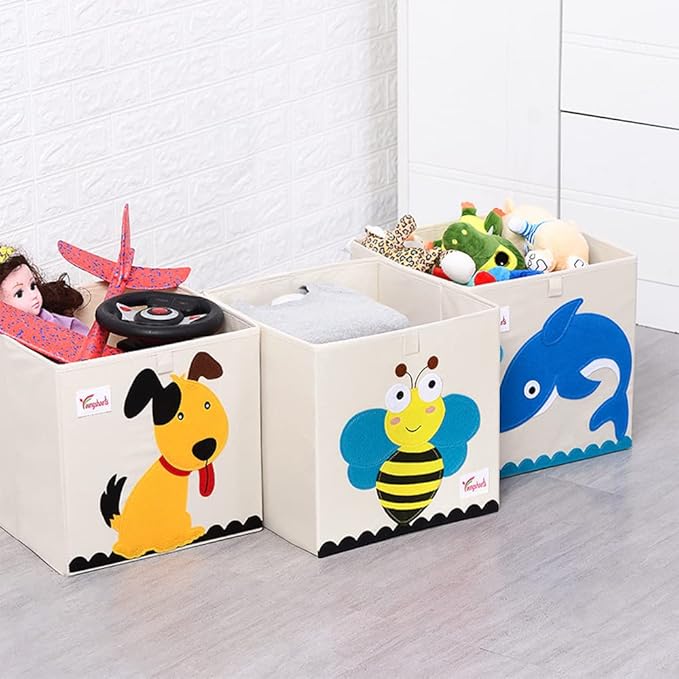 2 Pcs Foldable Animal Toy Storage Box/Bin/Cube, Collapsible Storage Organizer Chest Basket Container for Boys and Girls(13 x 13 x 13 Inch, Dinosaur & Pink Elephant)-NeatNest