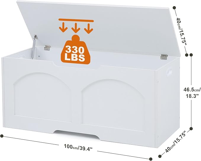 39.4" Storage Chest, Wooden Storage Bench, Storage Trunk, Chest with Lift Top, Large Box Entryway Bench, Supports 330 lb U-Shaped Opening for Entryway, Hallway, Living Room, Ivory White