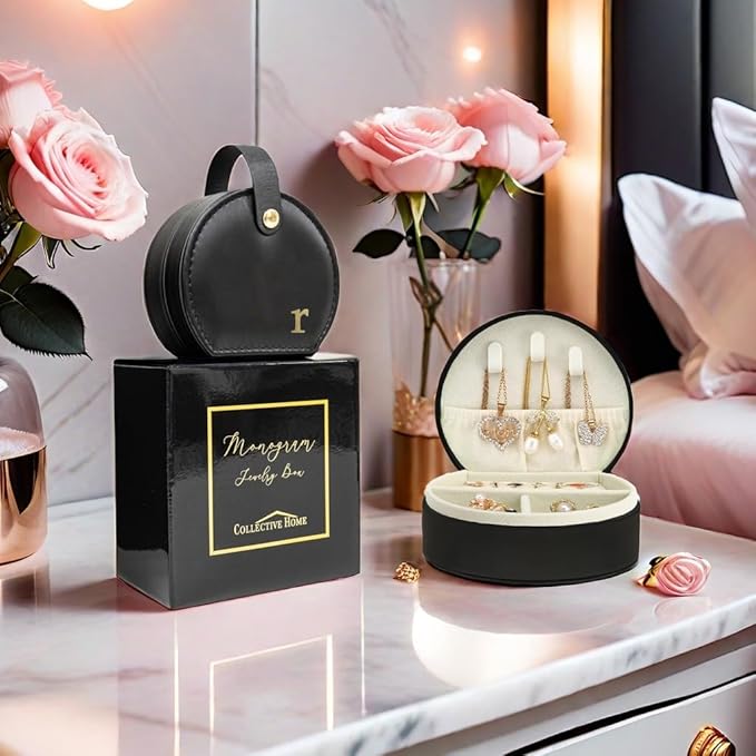 COLLECTIVE HOME - Travel Jewelry Case, Elegant Half-Moon Design with Gold Monogram, Detachable Handle, Personalized Accessory Organizer, Gift for Fashion-Forward Women and Teens, Black (r)-NeatNest