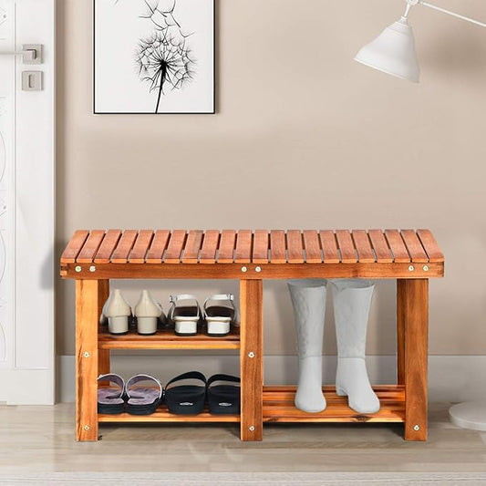 Giantex 2-Tier Shoe Bench Entryway Shoe Rack with Seat, Wood Organizer for Hallway, Bathroom, Living Room, Corridor Storage Shelf 350 Lb Weight Capacity (Teak Color)