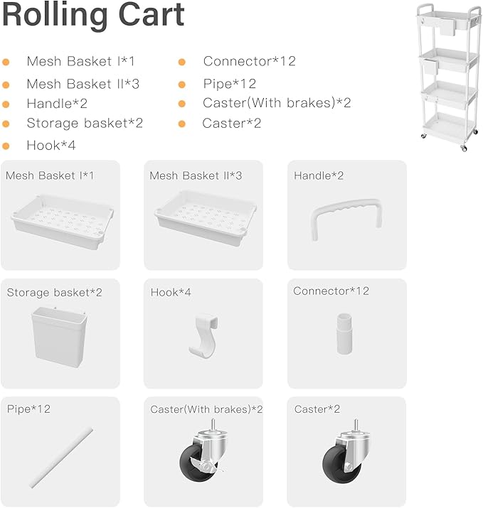 4 Tier Rolling Utility Cart with Handle,REBECAT Utility Cart Made of Multifunctional Storage Organizer Tool for Kitchen,Bathroom,Living Room,Office(White)-NeatNest