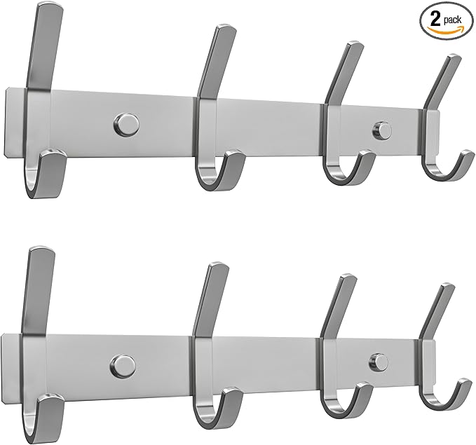 Brushed Nickel Coat Rack Wall Mount with 4 Double Hooks for Hanging – 12 Inch Heavy Duty SUS304 Stainless Steel Rustic Coat Hooks – Clothes, Purse, Towel Wall Hooks – 2 Pack-NeatNest