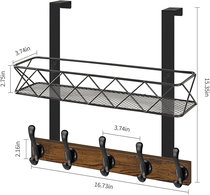 YINMIT Over The Door Hooks Organizer, Over The Door Hanger with Basket, Over The Door Towel Rack with 5 Metal Hooks, Over Door Hanger for Bathroom, Bedroom, Kitchen