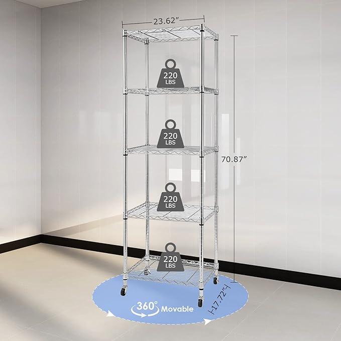 BNSPLY 5 Tier Narrow Wire Shelving Unit with Wheels, Height Adjustable Wire Shelves with NSF Certified, Mobile Metal Storage Rack for Kitchen, Laundry, Bathroom (17.7" D x 23.6" W x 71" H, Chrome)-NeatNest