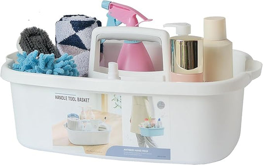 Cleaning Supplies Caddy, Large Plastic Shower Caddy Basket with Handle, Portable Cleaning Tool Storage Tote for Dorm, Bath, Pantry (grey, White, blue) (White)-NeatNest