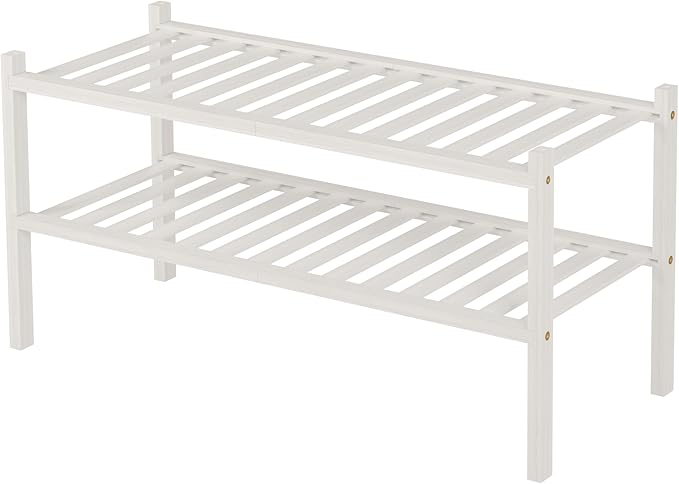 2 Tier Bamboo Shoe Rack for Closet Free Standing Wood Shoe Shelf for Entryway Small Space Stackable 27"x11"x13" (White)-NeatNest
