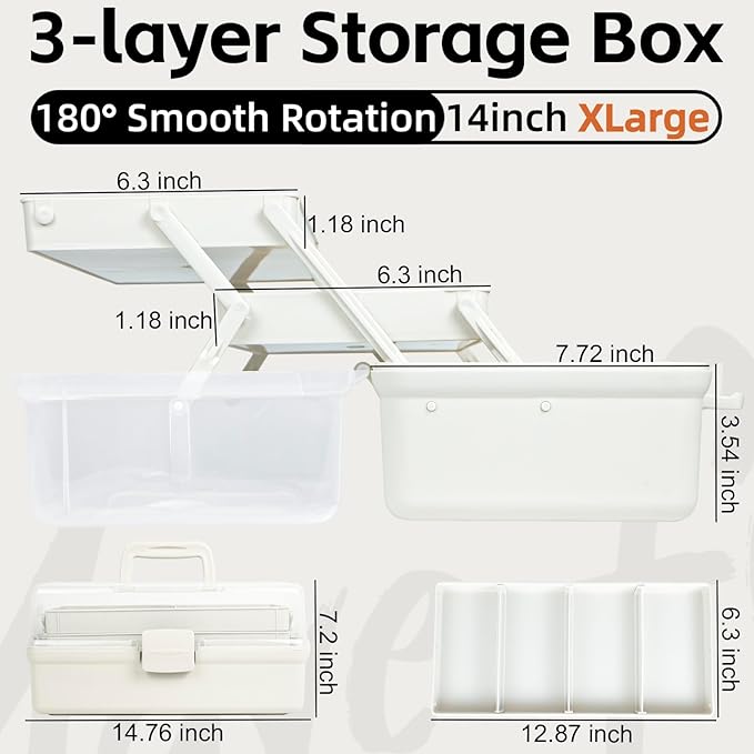 14in 3-Layer Multipurpose Craft Organizers and Storage with Adjustable Dividers, Portable Tackle Box, Folding Art & Craft Case for Medicine, Tool, Sewing Organizer (White, X-Large)