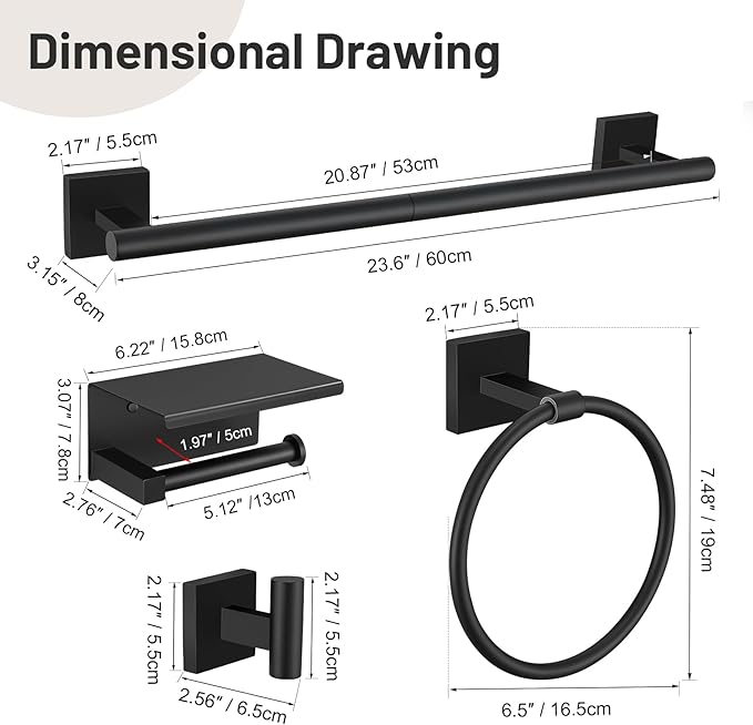5PCS Black Bathroom Hardware Set, SUS304 Stainless Steel Bath Towel Bar Set-23.6 inches Towel Bar, Toilet Paper Holder with Shelf, Towel Ring and Two Towel Hooks, Towel Holder Set Wall-Mounted