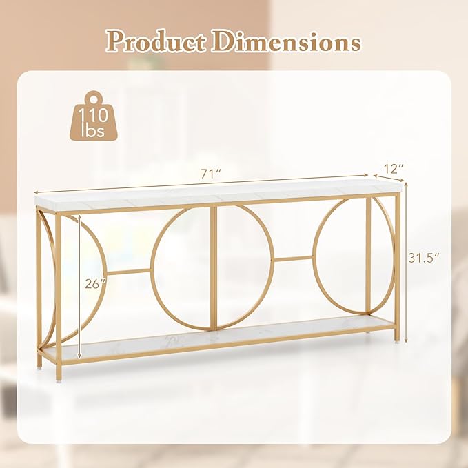 Giantex 71" Console Table, 2-Tier Extra-Long Gold Entryway Table w/Storage Shelf, Faux Marble Top, Narrow Sofa Table with Geometric Frame, Behind Couch Entry Table for Living Room, Hallway, Foyer-NeatNest