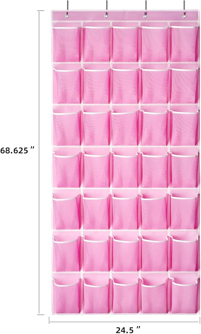 35 Pockets Over the Door Shoe Organizer, Hanging Shoe Organizer for Door with 35 Mesh Pockets Large Capacity Shoe Hanging Storage Bag with 4 Metal Hooks (Pink-1Pack)-NeatNest