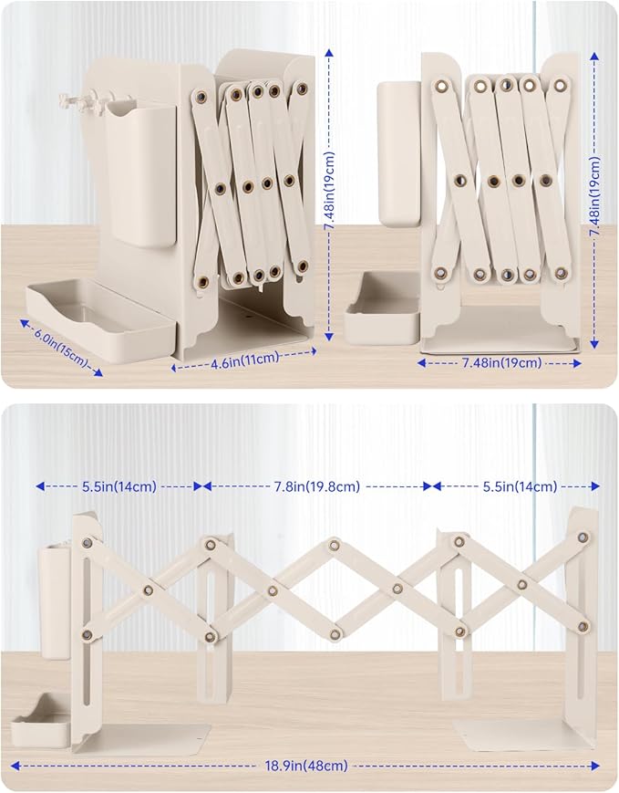 Honagu Adjustable Bookends, Metal Book Ends for Shelves Heavy Book, Desk Magazine File Organizer for Home, Office, Books, Papers with Removable Hook, Pen Holder（Milky White）