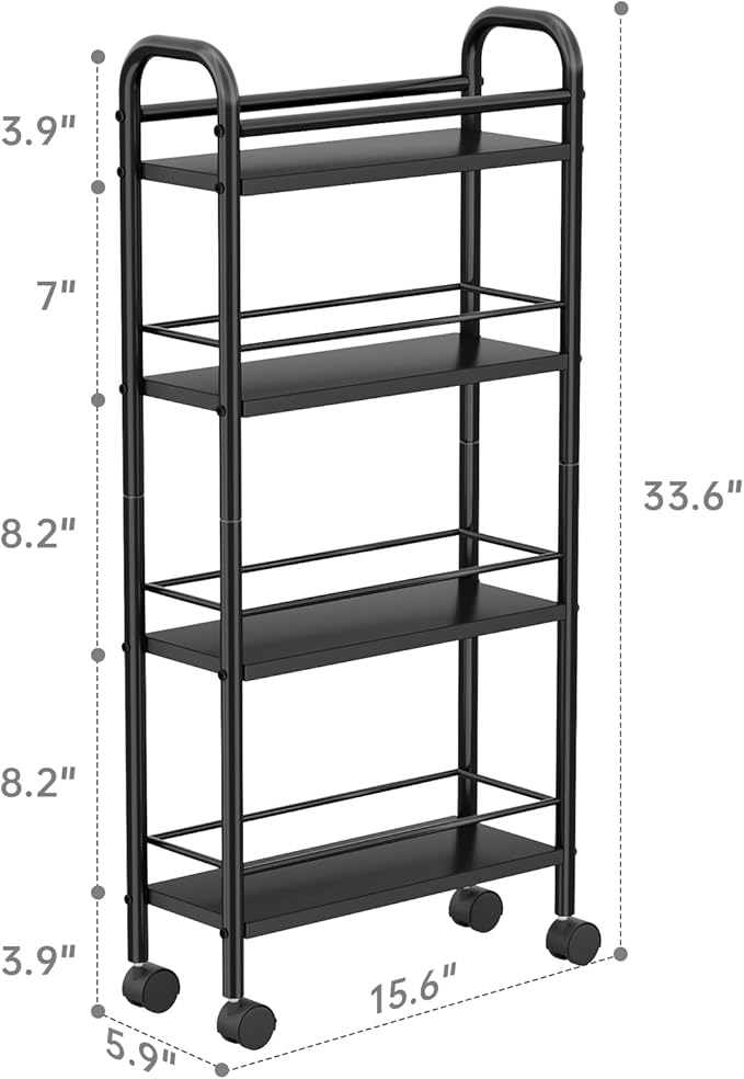 Black Slim Storage Cart, 4 Tier Rolling Utility Cart on Wheels, Slim Bathroom Storage for Small Spaces in Kitchen, Dining Room, Bathroom, Laundry Room, Black