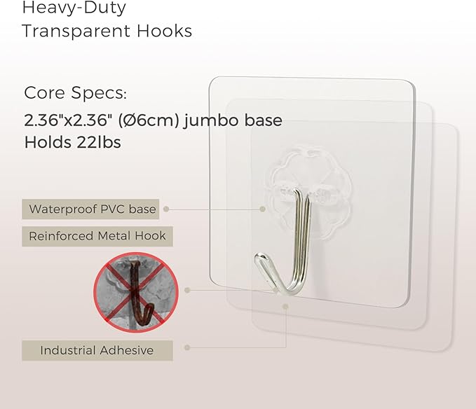 22lb Adhesive Hooks Heavy Duty, 10 Pack, No Drill Wall Hooks for Bathroom & Kitchen, Transparent Reusable Waterproof Towel Hooks for Smooth Surfaces