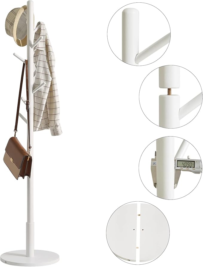 IBUYKE Coat Rack Stand, Freestanding Coat Tree with Solid Round Base and 8 Hooks, Easy Assembly Wooden Coat Hanger, Clothes Rack for Hallway Entryway, Living Room, Bedroom, Office, White WD-114-NeatNest