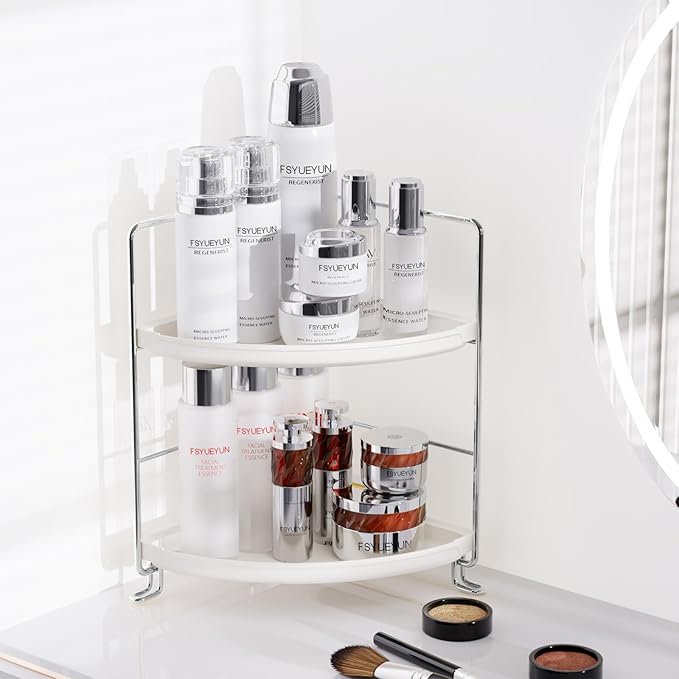 FSyueyun 2-Tier Corner Bathroom Counter Organizer, Tool-Less Installation Vanity Shelf Small Plastics Countertop Makeup Tray Skincare Perfume Organizers (Silver)-NeatNest