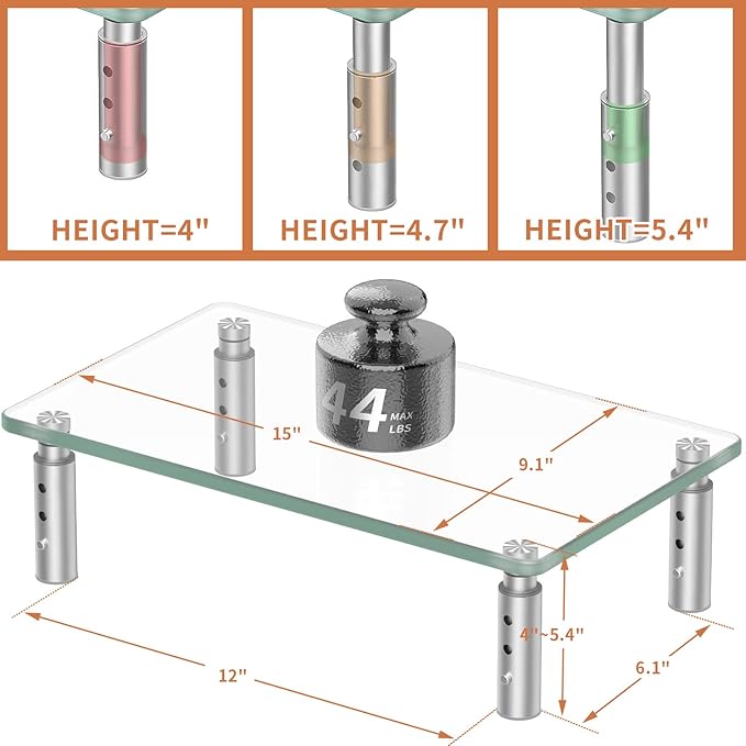 Hemudu Monitor Stand -3 Adjustable Height Monitor Riser, Computer Monitor Stand, Desktop Organizer, Monitor Stand Riser for PC, Computer, Laptop Clear
