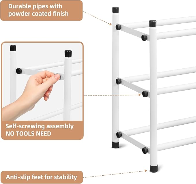 STORAGE MANIAC Expandable Shoe Rack, 12 Pairs Stackable Small Shoe Rack, Metal Adjustable Shoes Organizer for Closet, Entryway, Hallway, Garage, Front Door, Shoes Shelves, White 3 Tier-NeatNest