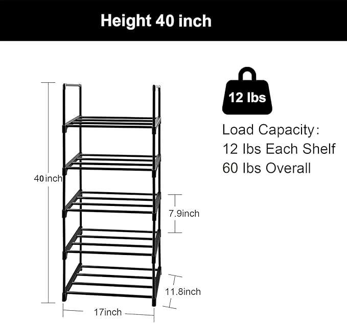 Shoe Rack 5 Tier Tall Shoe Storage Organizer, 5 Tier Metal Sturdy Shoe Rack, Narrow Shelf Organizer for Entryway, Closet, Bedroom-NeatNest