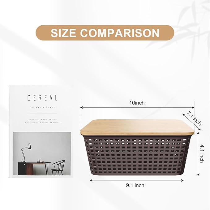 6-Pack Stackable Storage Bins with Bamboo Lids, Small 5 Qt Decorative Plastic Storage Baskets Boxes Containers with Labels for Organizing Shelves Classroom Closet Office Bathroom, Brown-NeatNest