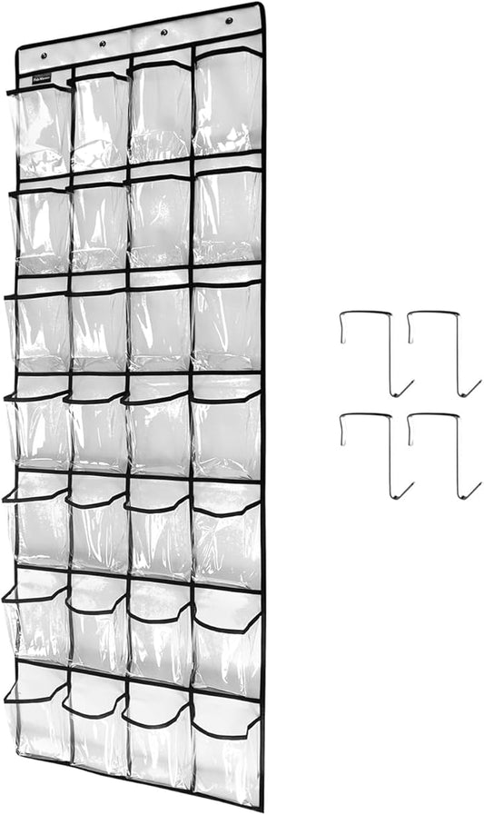 28 Large 1 Pack Transparent Pockets Over The Door Shoe Organizer Sturdy Hanging Shoe Rack for Door Closet Sneakers or Accessories, 4 hooks（White）-NeatNest