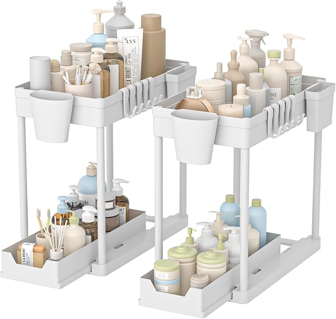 2 Pack Under Sink Organizer, 2 Tier Bathroom Organizers and Storage, Cabinet Organizer with Hook, Multi-Purpose Under Sink Organizers and Storage for Bathroom & Kitchen, Bedroom (White)-NeatNest