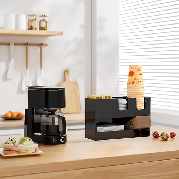 Coffee Condiment and Cup Organizer - 2-Tier Upright Cup and Lid Holder with Straw Organizer 4 Compartments Black Acrylic Cup Dispenser for Restaurant Breakroom Coffee Station Countertop-NeatNest