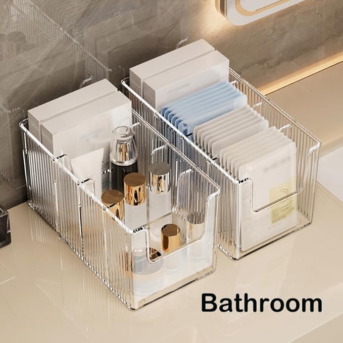 2 Pack Extra Thick Acrylic Makeup Organizer with Removable Dividers - Waterproof Bathroom Storage for Sheet Masks/Essences/Cosmetics, Clear Visible Design, Space-Saving Vanity Organizer-NeatNest