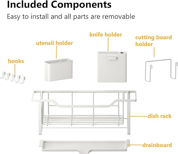Narrow Dish Drying Rack for Kitchen Counter Auto Drain Iron Dish Drainer with Removable Cutlery Basket, White