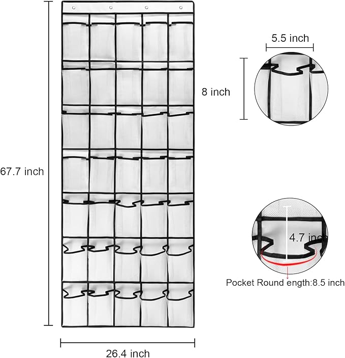1 Pack 35 Breathable Mesh Pockets Large Hanging Shoe Organizer Over The Door Shoe Rack for Closet Door Storage Shoe Holder Hanger, 4Hooks, White (67.7'' x 26.4'')-NeatNest