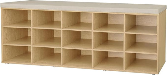 DINZI LVJ Shoe Storage Bench with Cushion, 15-Cubby Shoe Rack, Adjustable Shelves, Long Shoe Organizer Bench for Entryway, Mudroom, Hallway, Living Room, Bedroom and Garage, Natural-NeatNest