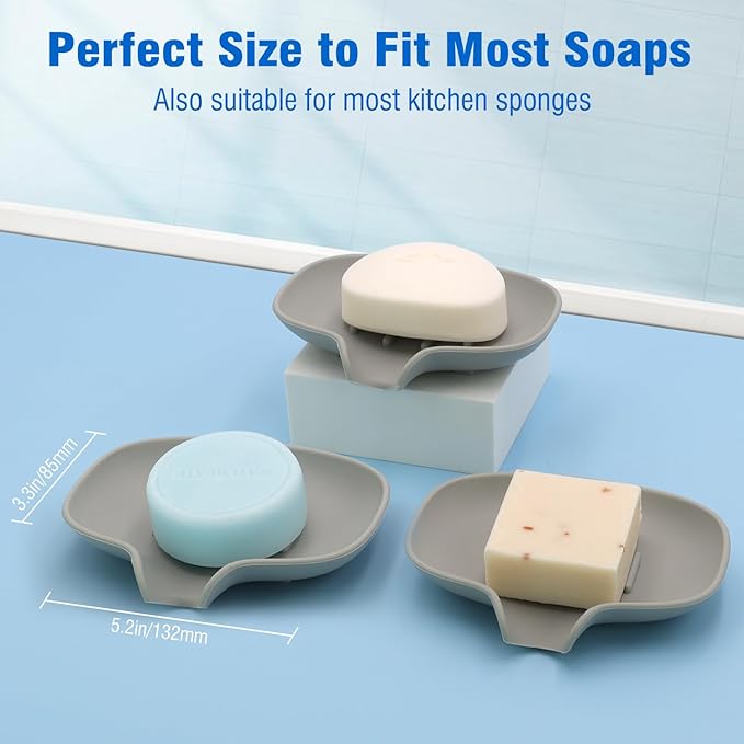 3 Pack Soap Bar Holder, AIMAIAIMAI Self Draining Soap Dish, Quick Drainage, Soap Dishes for Bathroom, Shower, Silicone Soap Tray for Kitchen, BPA-Free, Dishwasher Safe (Gray)-NeatNest