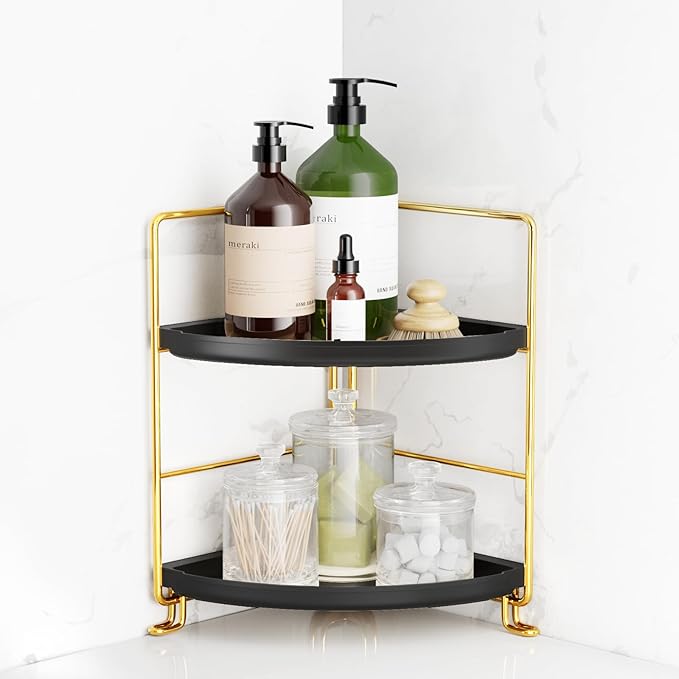FSyueyun 2-Tier Corner Bathroom Counter Organizer, Tool-Less Installation Vanity Shelf Small Plastics Countertop Makeup Tray Skincare Perfume Organizers (Gold & Black)-NeatNest