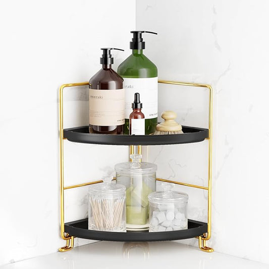 FSyueyun 2-Tier Corner Bathroom Counter Organizer, Tool-Less Installation Vanity Shelf Small Plastics Countertop Makeup Tray Skincare Perfume Organizers (Gold & Black)-NeatNest