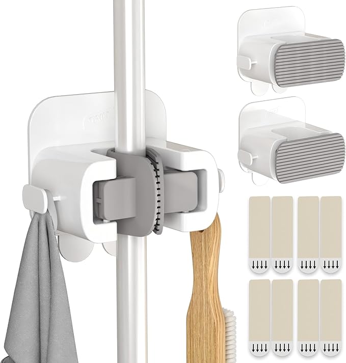 TAILI Mop and Broom Holder Wall Mount Grippers, 3 Hangers and 8 Adhesive Strips, Damage Free Hanging Wall Mount, Household Cleaning Organizer for Organization and Storage, Holds up to 4 lbs, Grey-NeatNest