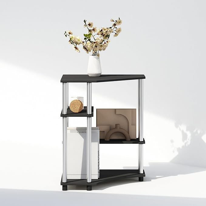 Furinno Turn-N-Tube Multipurpose Corner Shelf, Display Rack, Bookshelf, Americano, Stainless Steel Tubes-NeatNest
