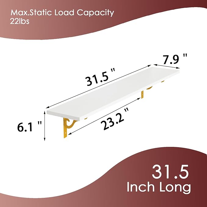 DINZI LVJ Long Wall Shelves, 31.5" Wall Mounted Shelves Set of 4, Wide Floating Shelf for Wall with Metal Brackets, for Living Room, Bathroom, Bedroom, Kitchen, Office, White and Gold-NeatNest