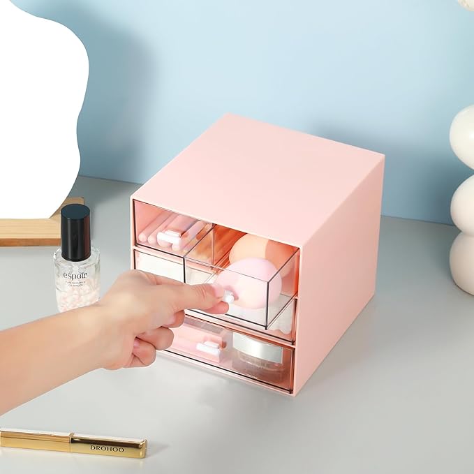 Makeup Organizer with 4 Drawers, Desk Organizer, Cosmetics Storage Box for nail polish, Lipstick, Brushes, Jewelry, Skincare, Bathroom Organization Boxes - Pink-NeatNest
