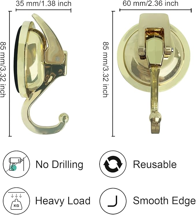 Heavy Duty Vacuum Suction Shower Hooks Glass Suction Cup Bathroom Robe Hooks, Reusable, No Hole Punched, for Garland Decoration (Gold, 6 Pack)