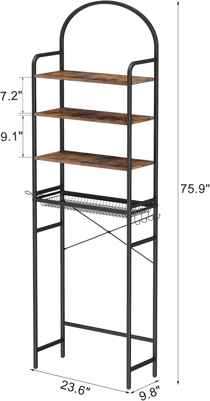 Homhedy 4-Tier Over The Toilet Storage with 4 Hooks and Paper Holder, Space Saving, Bathroom Organizer with Adjustable Feet, Metal Frame and Wooden Shelf,Rustic Brown and Black
