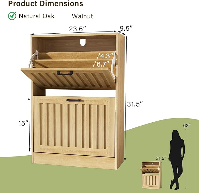 Shoe Storage Cabinet for Entryway with 2 Flip Drawers, Wooden Shoe Organizer with Adjustable Shelf, Freestanding Wood Fluted Panel Shoes Cabinet Closed Shoe Rack for Hallway, Foyer, Nature Oak-NeatNest