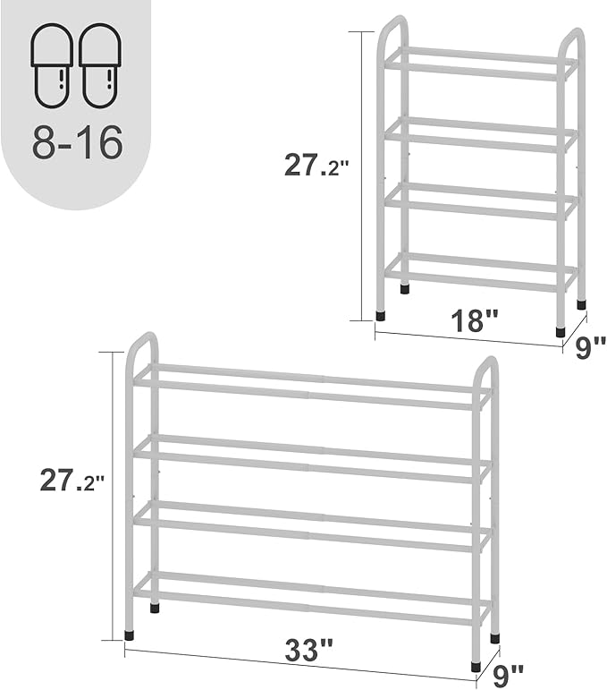 Expandable Shoe Rack, Adjustable Shoes Organizer Metal, Space-Saving Storage Shelf for Closet, Entryway, Front Door & Hallway,Sturdy and Easy Assembly (White, 4-Tier)