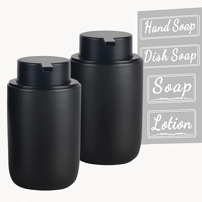 BosilunLife Foaming Soap Dispenser Set - Black Ceramic Foam Hand Dispenser 12oz Soap Dispenser Set with Rust Proof Pump, 4Pcs Clear Stickers for Kitchen, Bathroom - 2 Pack-NeatNest