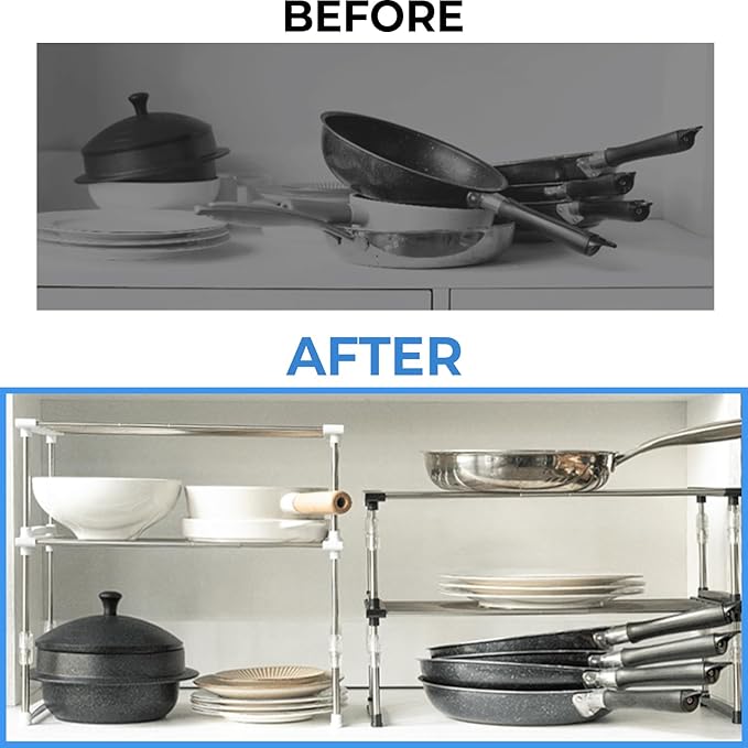 carrotez 2 Pack Expandable Cabinet Organizer, Set of 1 Width & Height-Adjustable Kitchen Cabinet Organizer Shelf, Stackable Kitchen Counter Shelf, 11.8~19.6 x 7.8 x 5.9~9" White-NeatNest