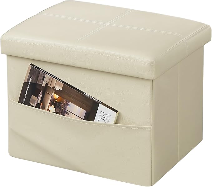 AmasSmile Storage Ottoman Folding Foot Rest Stool with Side Pocket, 16 inch Leather Footstool Bench, Short Ottoman Bench, Storage Foot Rest Store, Books (Beige-2)-NeatNest