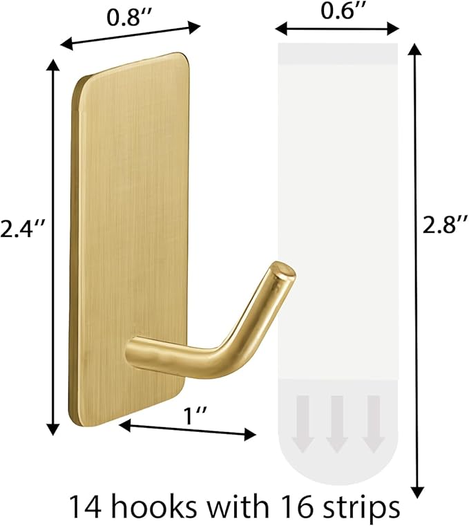 14 Pcs Towel Hooks with Removable Strips for Hanging, Adhesive Wall Hooks Heavy Duty, Outdoor No Damage, Sticky Hook for Bathrooms, Shower, Stockings, Decor, Robe, Small, Gold 304 Stainless Steel