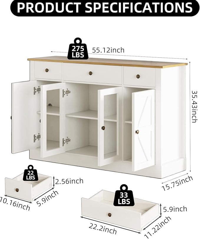 4 EVER WINNER Buffet Cabinet with Storage, 55" Farmhouse Sideboard Buffet Cabinets with Drawers and Glass Doors, Coffee Bar Cabinet for Kitchen, Living Room, White-NeatNest